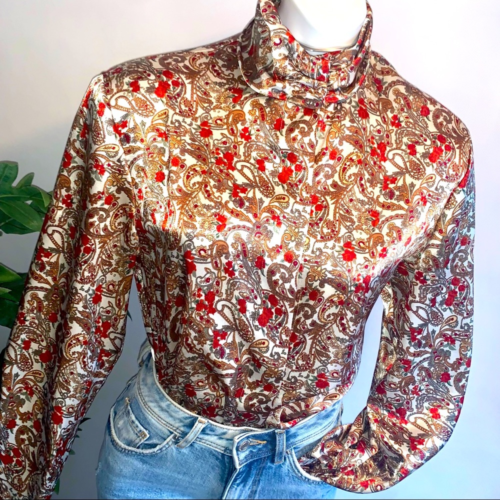 v i n t a g e :: High Neck Floral Drapey Secretary Satin Blouse